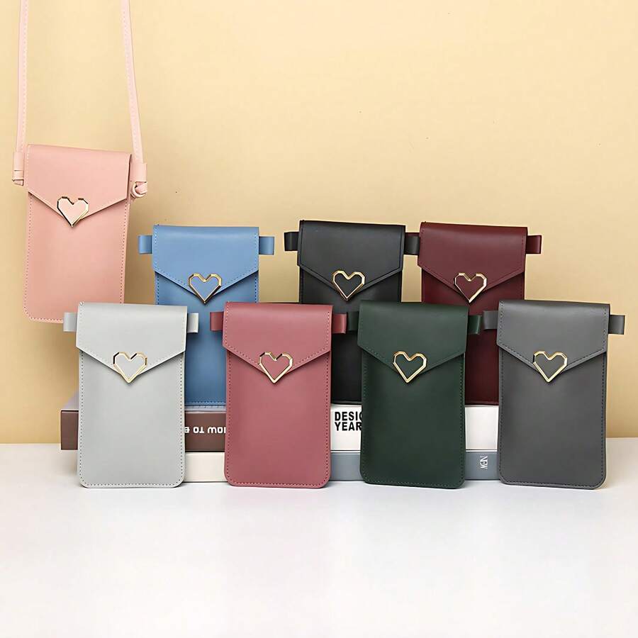 1 Super Cute Touchscreen-Compatible Crossbody Phone Wallet, Student Girls' Exclusive Solid-Color Love Pattern Small Coin Purse, Mini Shoulder Phone Bag (3 Colors Available: Pink-Blue, Light Pink, Dark Pink). It Symbolizes The Convenience And Peace Of Mind Of Daily Carrying, The Cute Vitality Of Campus Life, And The Sweet Freshness Of Matching Styles. - Multicolor - View 1