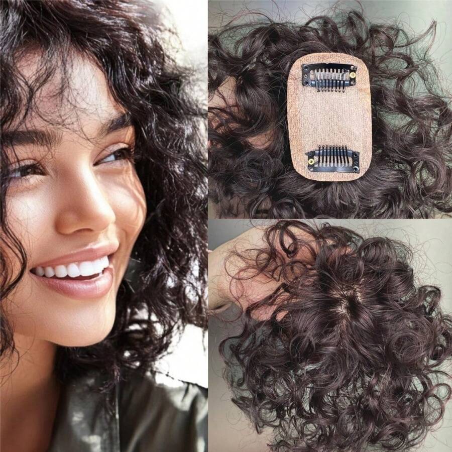 Curly Hair Toppers For Women Human Hair Clip In Hairpiece With Silk Base Natural Black Dark Brown For Thinning Hair 8 Inch - Multicolor - View 1