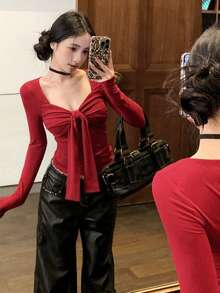 女士红色领结长袖 T 恤，紧身 V 领汗衫，秋冬 - 紅色 - 查看 8