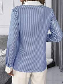 Women's Striped Long Sleeve Single-Breasted Casual/Work Shirt Spring - Blue and White - View 2