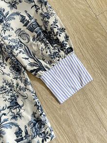 女士时尚优雅蓝色花卉瓷纹V领褶皱蕾丝设计，条纹袖口装饰，长袖宽松衬衫，秋冬款 - 藍白色 - 查看 7