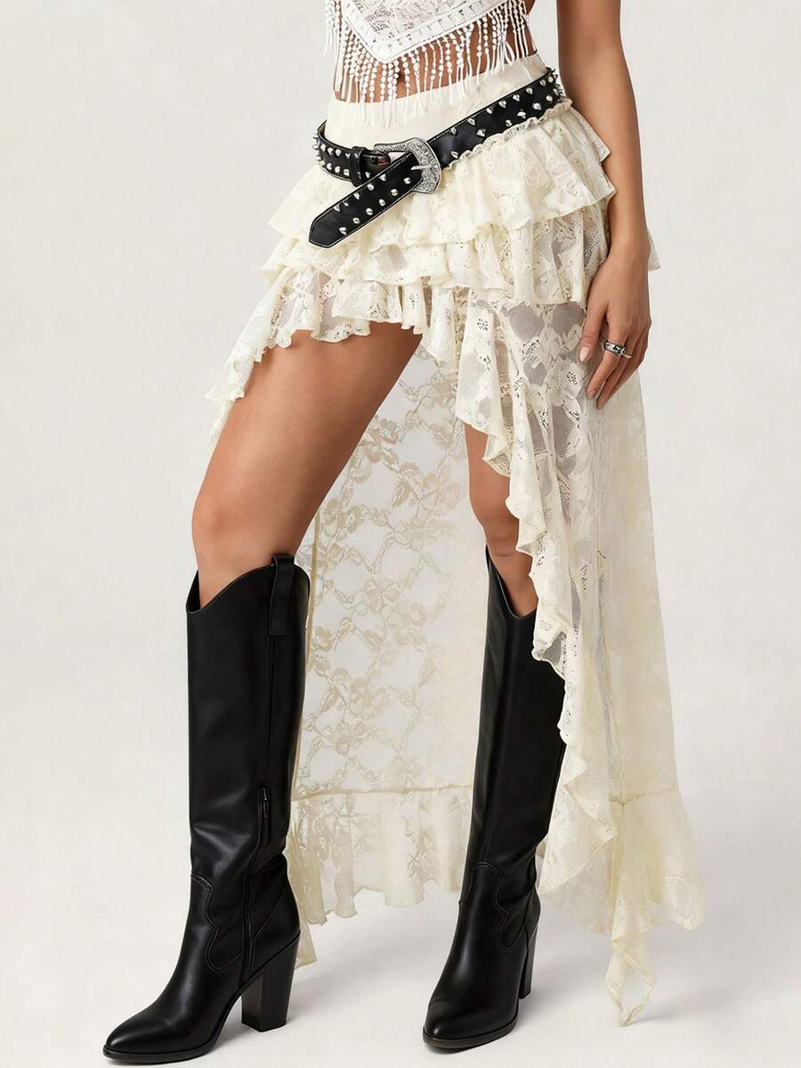 Women Flower Lace Sheer Skirt Elastic Waist High Low Layered Ruffle Asymmetrical A Line Skirt Steampunk Victorian Cosplay Costume - 杏色 - 查看 1