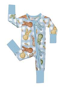 Baby Bamboo Fiber Zip-Up,  Easter Blue Bunny Print Romper, All-Season Knit Fabric Skinny Fit With Zipper Detail, Baby Girl Winter Autumn Clothes, Perfect For Outdoor Easter Gift. - 淺藍色 - 查看 1
