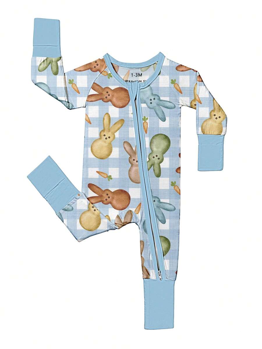 Baby Bamboo Fiber Zip-Up,  Easter Blue Bunny Print Romper, All-Season Knit Fabric Skinny Fit With Zipper Detail, Baby Girl Winter Autumn Clothes, Perfect For Outdoor Easter Gift. - 淺藍色 - 查看 1