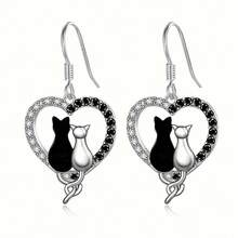 1 Pair Sweetheart Cat Couple Earrings, Cats In Pavé Heart Frame, Minimalist Jewelry, Romantic Pet Lover Gift - 銀色 - 查看 3