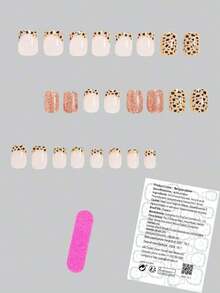 Express Your Love With 24Pcs Short Square Stick On Nails Simple Fashion Yellow French Style Black Spotted Leopard Fake Nails Elegant Leopard French Style Red Glitter Fake Nails Full Cover False Nails For Women And Girls Includes 1 Sheet Adhesive Tabs & 1 Pc Mini File Jelly Gel Random Shipment Nail Supplies Nails - màu nâu - Xem 8