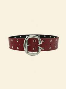 1 chiếc thắt lưng bản rộng đa năng bằng da PU màu đỏ trơn phong cách Punk đường phố dành cho nữ có khóa đôi - Đỏ - Xem 3