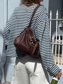 Striped Contrast Ribbed Casual Loose Raglan Top - Blue-brown - View 5