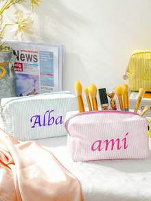 Embroidered Name Cosmetic Bag, Customized Makeup Bag, Sanitary Pad Storage Bag, Travel Makeup Bag, Personalized Storage Bag, Multi-Functional, Decorative, Letter, Solid Color, Exquisite, Fashionable, Retro, Modern, Vibrant Color, Casual, Basic Style, Casual, Birthday Gift/Christmas Gift/Valentine's Day Gift/Mother's Day Gift - Multicolor - View 3