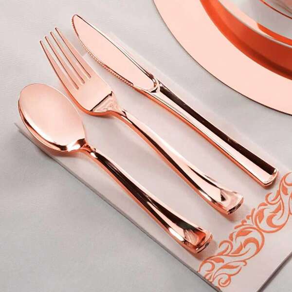 50/25/10/5 piezas Juego de tenedor/cuchara de pastel/ensalada en color oro rosa, reutilizable y lavable, ideal para fiestas, eventos al aire libre, reuniones familiares, bodas, festividades, utensilios para pastel y ensalada