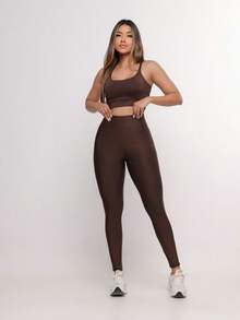 Premium Suplex Fitness Set With Pants And Non-Transparent Cup Top, Fitness Gym Clothing Kit, High Compression Leggings - 全棕色 - 查看 3
