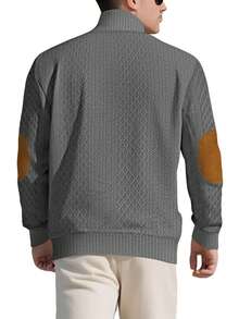 男士休闲时尚半拉链提花针织亨利领 Polo 衫，宽松针织卫衣，复古做旧撞色肘部贴片，适合春秋季穿着（注意：这款针织卫衣不像羊毛那样厚实；欧美尺码偏大，建议选购小一码） - 灰色 - 查看 3