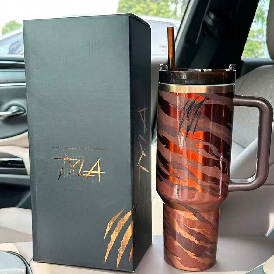 40oz Tumbler With Handle & Straw – Stainless Steel Insulated Travel Cup - 豹紋+禮盒 - 查看 1