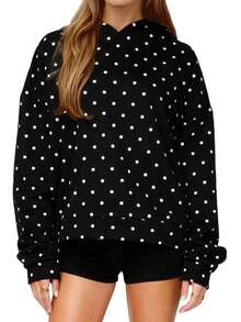 Women Casual Fall Hooded Sweatshirt With Front Pocket Dot Print Casual Long Sleeve Pullover Hoodies Outwear - 黑色 - 查看 7