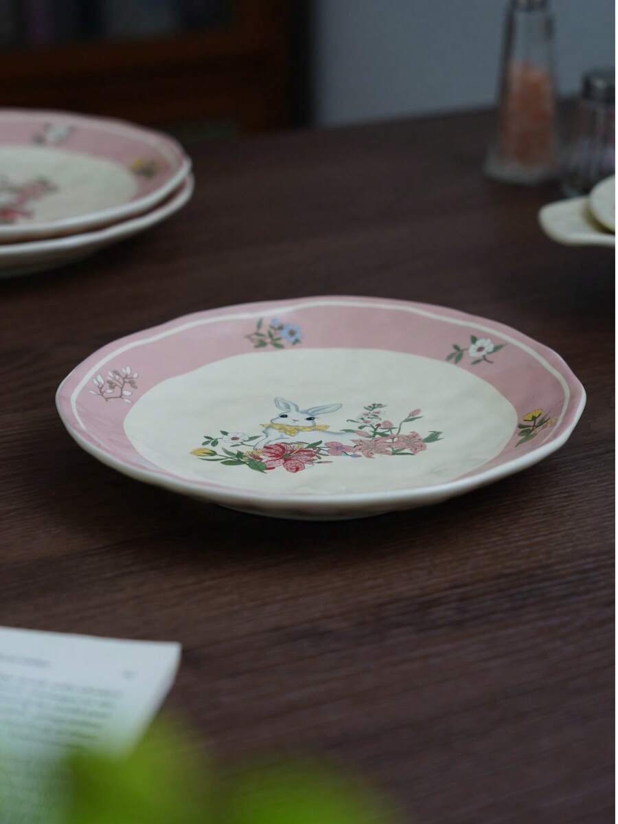 20 cm flacher Teller mit niedlichem Hasen-Blumen-Muster, geeignet zum Servieren verschiedener Speisen und Früchte, ideal für Partys, Essen, Picknicks, Buffets, Familienfeiern, Abschlüsse, Geburtstage, täglichen Gebrauch und jede besondere Gelegenheit