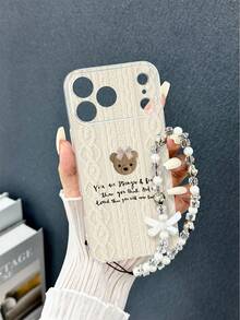 Shockproof Faux Pearl Elements 1pc Perforated High Transparency Sweater Knit Butterfly & Bear Painted Thick Anti-Drop Painted Phone Case Protective Cover With Handmade Beaded Bracelet Accessory, Compatible With IPhone, Compatible With Galaxy, Compatible With Redmi Spring Easter Gift - Multicolor - View 4