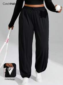 Plus Size Women's Loose Fit Sweatpants, Casual Sports Style, Elastic Waistband With Drawstring, Side Pockets, Tapered Leg, Flattering Silhouette, Suitable For Curvy Figures - Black - View 10