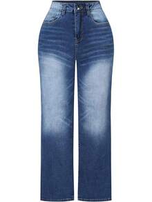 Pantalones vaqueros de tiro alto y pierna ancha con efecto desgastado y elásticos para mujeres THUNDER - P Azul - Ver 12