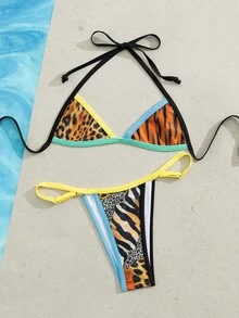 Sexy Animal Print Bikini Set, Two Pieces, Neon Color Accents, Adjustable Side Tie Swim Bottoms | Women's Swimwear For Pool Party, Beach Vacation Summer - Multicolor - View 5