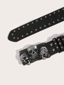 New Fashionable Personalized Rhinestone Decorated Casual Leather Belt For Women, Smooth Buckle Adjustable Waist Strap With Skull Charm Halloween Summer, School Fall, Autumn, Halloween - 黑色 - 查看 6