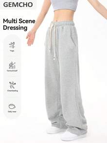 GEMCHO 女士抽绳腰宽松阔腿休闲运动裤，带口袋，针织面料略带弹性，适合休闲、跑步、慢跑、健身等各种场合，四季皆宜的长裤 - 灰色 - 查看 5