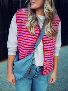 1 pieza Chaleco de punto a rayas, casual, para vacaciones, para citas, adecuado para otoño/invierno, Navidad, Año Nuevo, Día de San Valentín