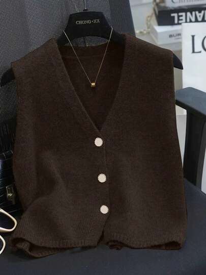 1 pezzo Cardigan smanicato estivo in maglia bianca tinta unita con scollo a V e bottoni
