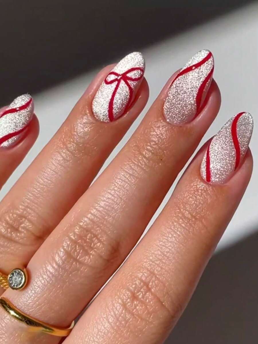 Upgrade Your Look,24Pcs Short Oval Full Coverage Removable Glossy Cat's Eye False Nails For Women,Christmas Red Ribbon Bow Pattern Design Nail Art,Minimalist, Romantic, Elegant, And Fashionable Style - White - View 1