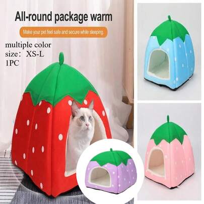 可爱草莓宠物床 - 柔软可水洗猫/兔窝，带可拆卸垫子，适合冬季使用