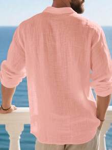Men's Lightweight Linen Long Sleeve Polo Shirt, Half-Zip Button Design, Breathable And Comfortable, Suitable For Beach, Outdoor Activities, Family Gatherings (Note: White, Light Blue, Etc. Colors Are Slightly Sheer; European And American Sizes Run Large, Recommend Ordering One Size Down) - Baby Pink - View 2