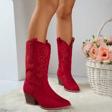 Women'S Cowboy Western Boots Point Toe Pull On Cowgirl Boots Embroidered Detail Chunky Heeled Spring And Winter Back To School Party Festival Halloween Matching Dress Mid Calf Red Boots - 紅色 - 查看 5