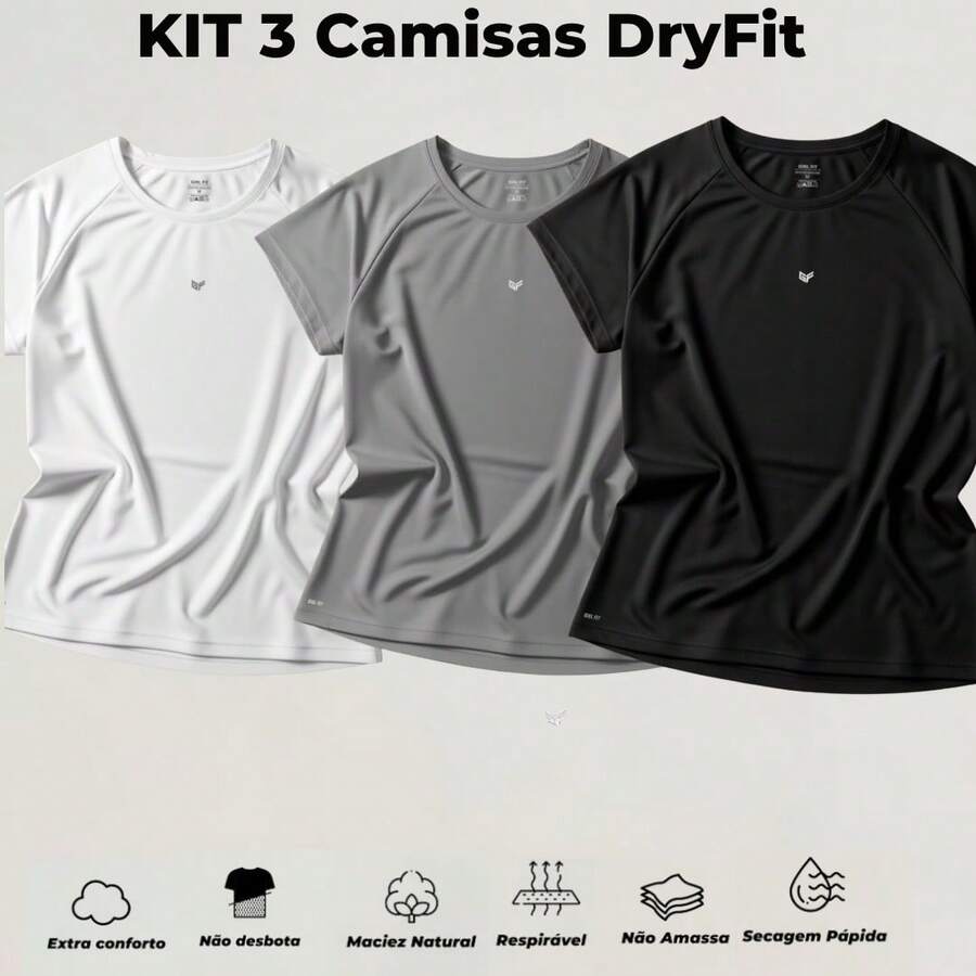 Women's Dry Fit Gym T-Shirts Kit 03 Light And Comfortable T-Shirts For Training - Kit 3 DryFit Women's Gym Shirts - 黑色 - 灰色 - 白色 - 查看 1