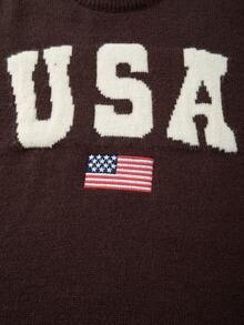 ANDREILEE 男女通用休闲圆领长袖美国国旗针织衫，冬季百搭 - 咖啡棕 - 查看 4