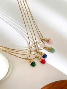 1pc Fashionable Stainless Steel Flat Oval Colorful Mini Stone 18k Gold Waterproof Versatile Women Necklace