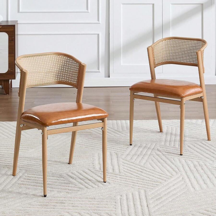 WAHSON OFFICE CHAIRS Midcentury Set Of 2 Rattan Dining Chairs Upholstered PU Leather Side Chairs With Metal Legs For Kitchen/Living Room - Brown - View 1