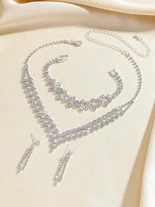 Conjunto de joyería de 4 piezas con collar, aretes y pulsera con cristales de lujo y diseño geométrico, accesorios elegantes y versátiles adecuados para uso diario, bodas, fiestas y como regalo para mujeres