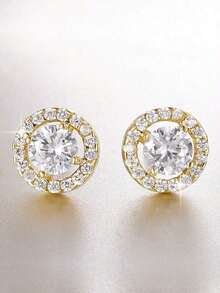 1 Pair Round Cubic Zirconia Decor Stud Earrings For Women Wedding Dresses Dating Gift - Vàng - Xem 7