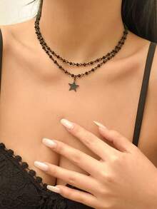 1pc Star Tassel Single Layer Round Disc Necklace With Star Pendant - Black - View 5