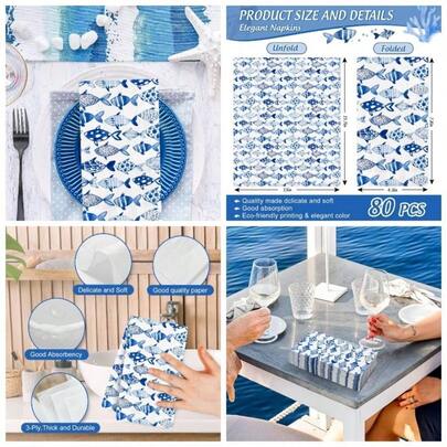 Genrico AnyDesign - Servilleta de papel desechable de 80 unidades, diseo de peces ocenicos, color azul, acuarela, para cena, toalla de mano, para verano, hogar, cocina, bao, decoracin de