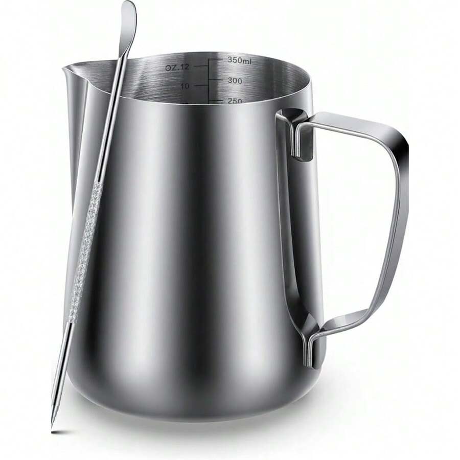 Milk Frothing Pitcher 350ml/600ml/900ml/1500ml (12oz/20oz/32oz/50oz) Steaming Pitchers Stainless Steel Milk/Coffee/Cappuccino/Latte Art Barista Steam Pitchers Milk Jug Cup With Art Pen,12oz - Silver - View 1