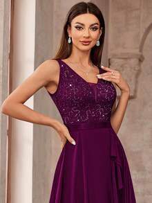 MIUSOL 深V领蕾丝亮片荷叶边高低摆雪纺正式派对长裙，适合婚礼宾客、毕业典礼、春季晚宴等场合。 - 紫紅色 - 查看 8