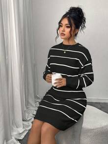 Vestido casual de mujer talla grande con bloques de color y rayas acanaladas en negro - Negro - Ver 6