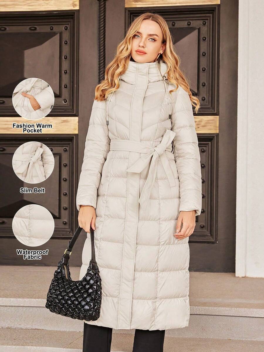 ZIAI High Quality Solid Color Hooded Slim Fit Long Down Jacket, Winter - Apricot - View 1