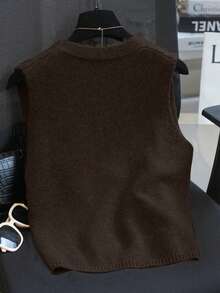 1pc Solid White Knitted Button-Up V-Neck Sleeveless Summer Cardigan Sweater Vest - Brown - View 2