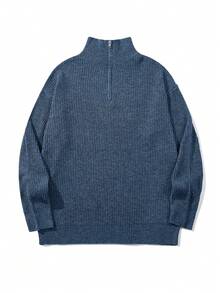 秋冬新款针织休闲宽松套头毛衣，简约风格，罗纹针织，翻领，拉链，落肩设计，男女皆宜