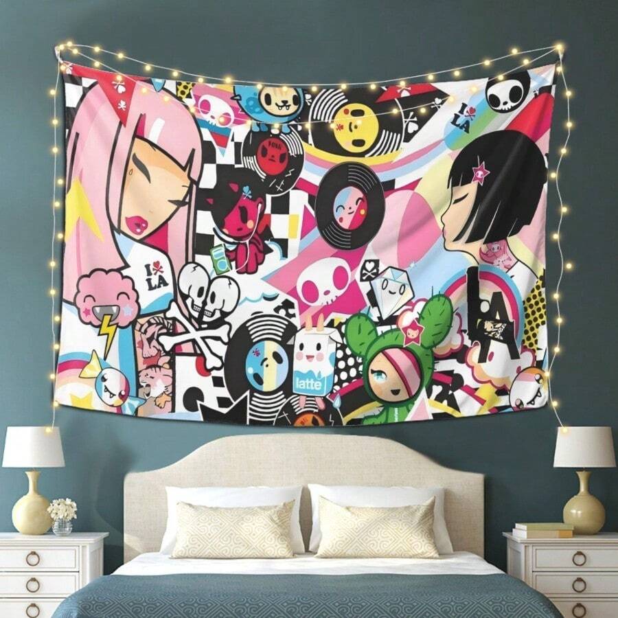 T0kid0ki Anime-Inspir1d Peach Light Beige Velvet Tapestry - Soft   Lightweight Polyester Wall Art With Pink Hair & Black Bob Characters  Skulls   And Music Notes - Perfect For Bedroom & Living Room Decor  Birthday & Holiday Decoration  Anime Room Decor - 彩色 - 查看 1