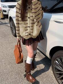 Striped Hooded Sweater Jacket For Women, Long Sleeve Knitted Cardigan, Autumn/Winter - Brown - View 2