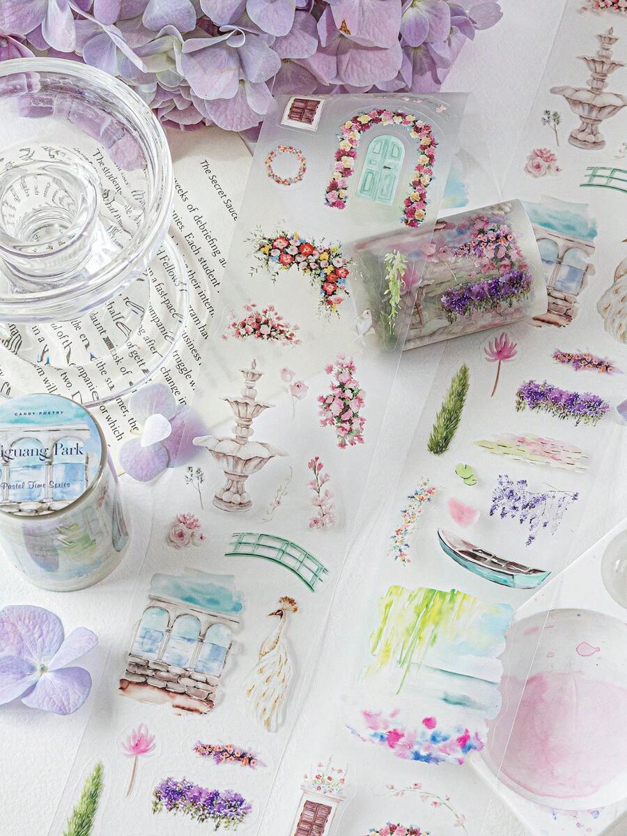 CANDY POETRY 2米/卷清新艺术生活规划和纸胶带,复古创意美学贴纸,DIY装饰拼贴工艺用品,节日礼物,个性化剪贴簿学校文具 - 藍色 - 查看 1