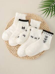 5 Pairs Of Children's Socks, Bow Diamond Checker Square Checker Pattern Girls Four Seasons Style Cute Casual Elegant Style Of Daily Travel To School Can Wear Children's Mid-Tube Socks. - Multicolor - View 3