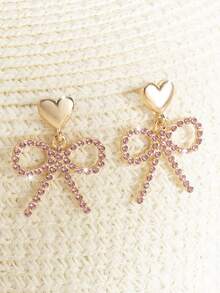 1 Pair Fashionable High-End Exquisite Minimalist Elegant Cute Pink Rhinestone Heart Shaped Dangle Earrings, Caring For Women's Health - Heart Rhinestone Ribbon Earrings - View 6